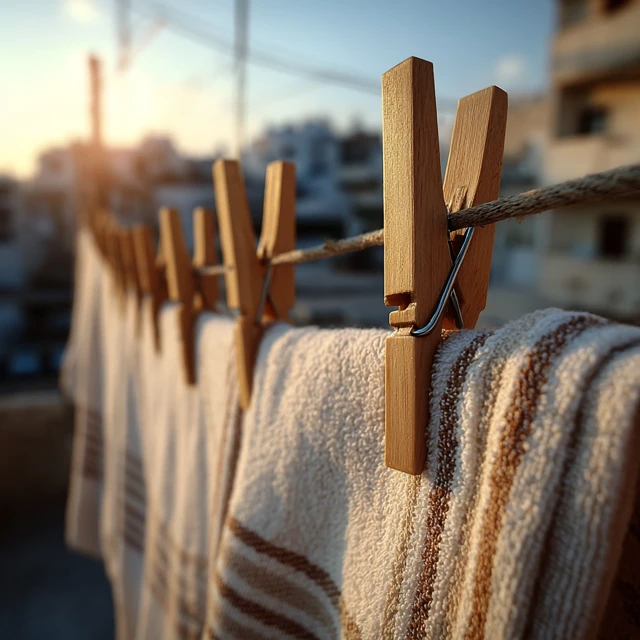 Morning Laundry: Towels Drying on Balcony Clothesline