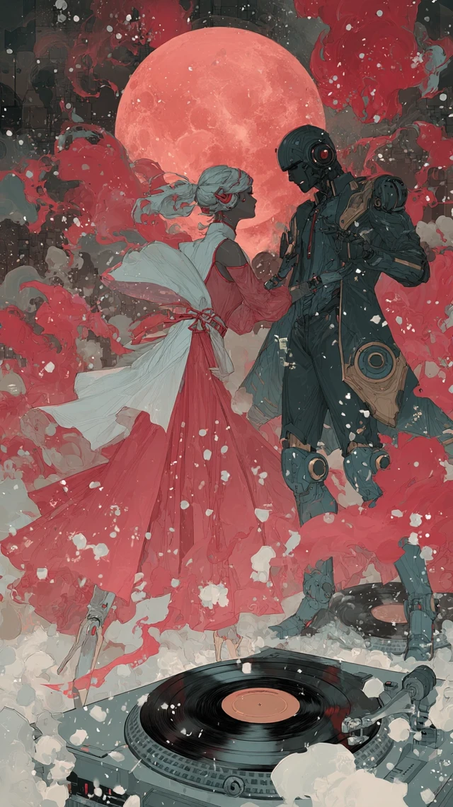 Anime Cyborg Dance in Red Moonlit Snow