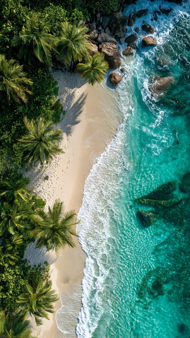 Tropical Beach Paradise Aerial View Palm Trees and Turquoise Water