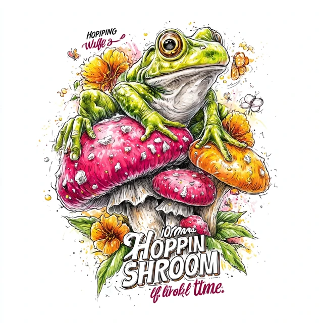 Goofy Frog on Mushrooms Fun Illustration