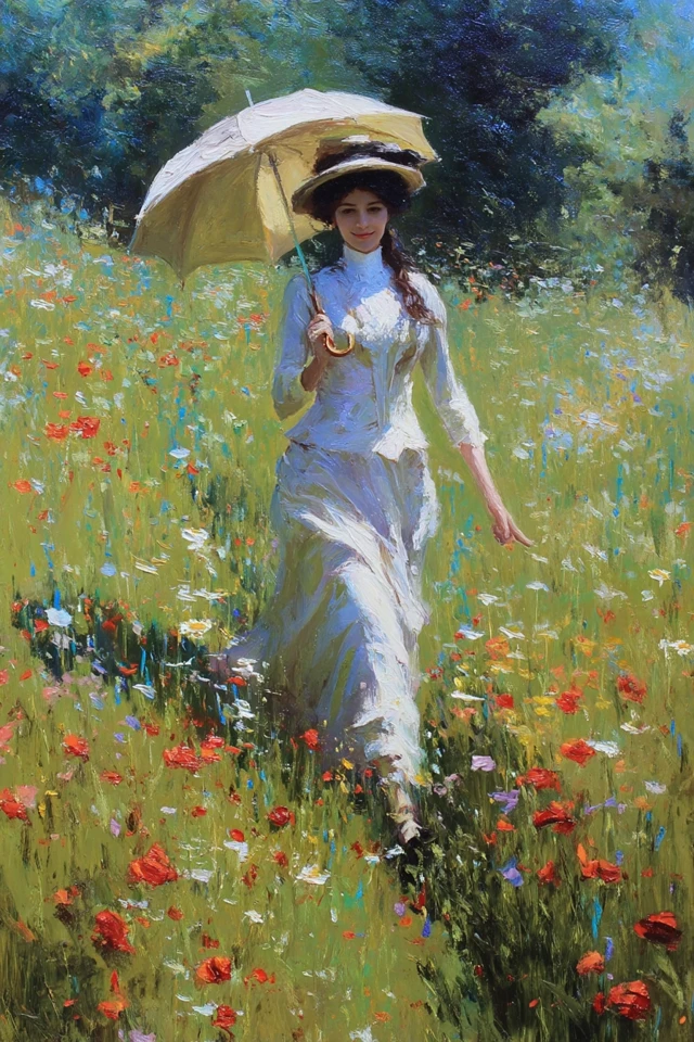 Elegant Lady in a Flower Field Oil Painting