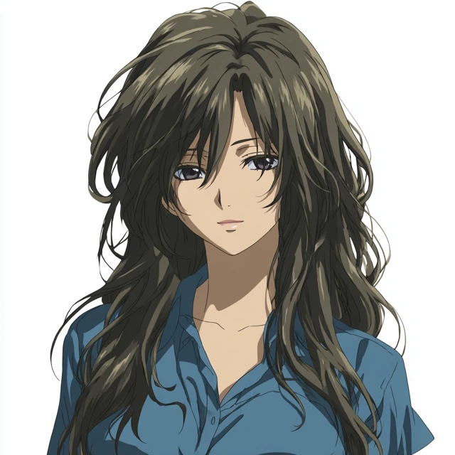 Anime Girl Blue Shirt Long Messy Hair