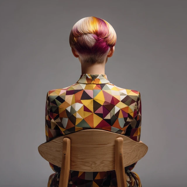Geometric Haircut Woman on Chair Fashion Portrait