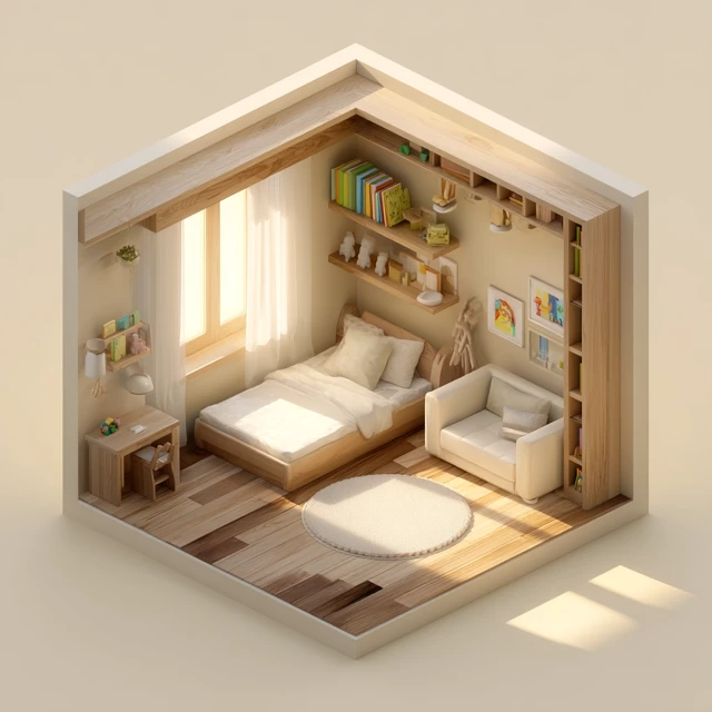 3D Isometric Kids Room Minimalist Design