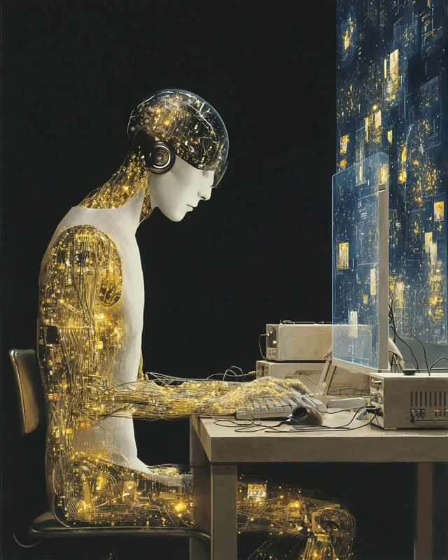 Cyborg Engineer in Future Lab Creating Humanoid Alien