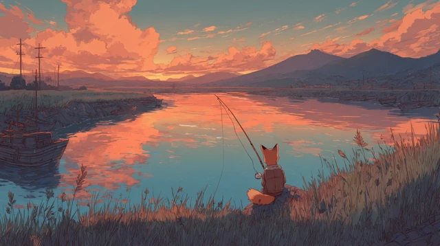 Anime Sunset Fishing Fox and Boy Serene Scene