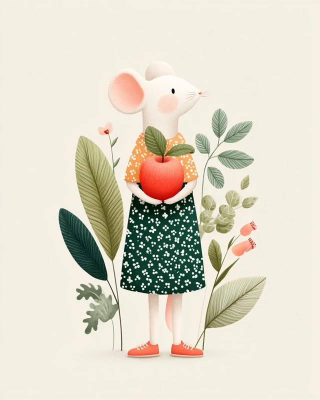 Cute Mouse in Apple Orchard Whimsical Illustration