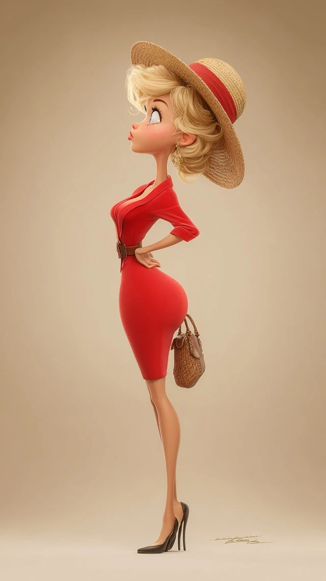 Glamorous 3D Cartoon Woman in Red Dress