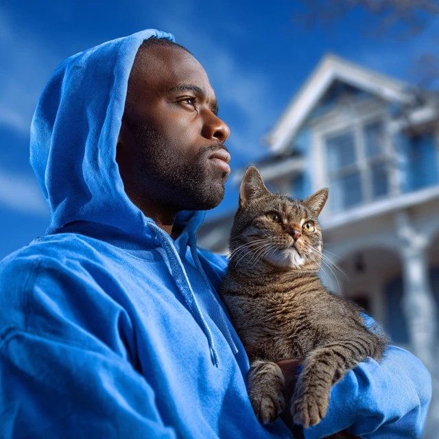 Handsome Man with Cat Blue Hoodie Photorealistic