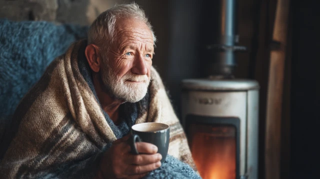 Cozy Elderly Man with Tea and a Blanket