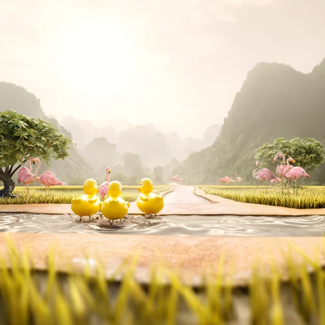 Rubber Ducks on a Road Tropical Paradise Landscape