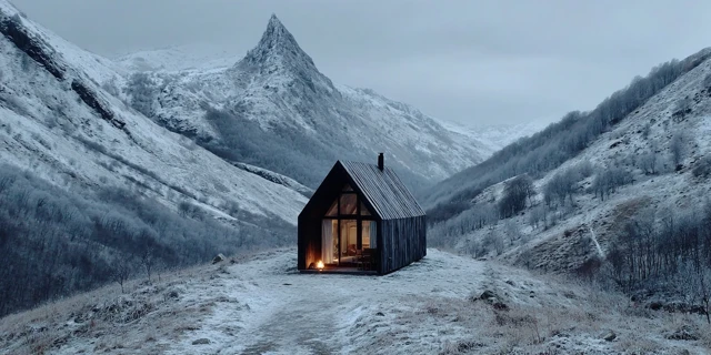 Minimalist Cabin in Snowy Landscape