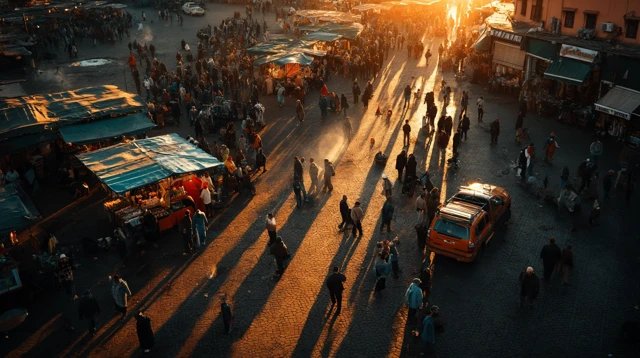 Marrakech Aerial View Golden Hour Market Jemaa el-Fnaa
