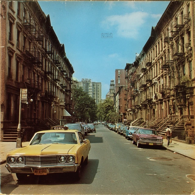 Early 70s New York Harlem Street with Yellow Taxi