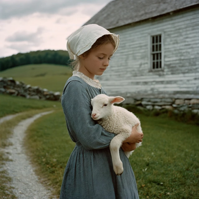 Young Girl and Lamb in 1810s New England