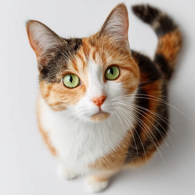 Calico Cat Close Up Portrait on White Background