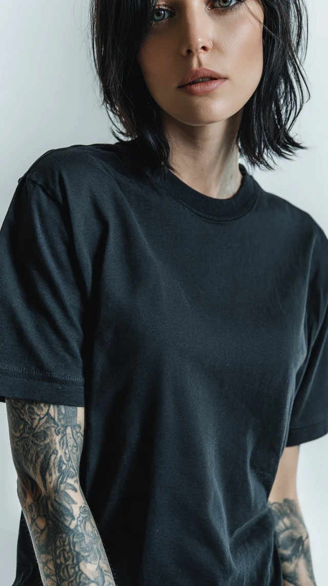 Tattooed Model in Black Oversized Tee Fashion Photo