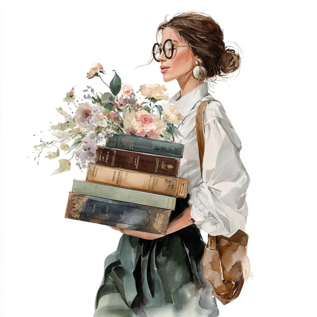 Watercolor Woman with Books and Flowers Academia Style