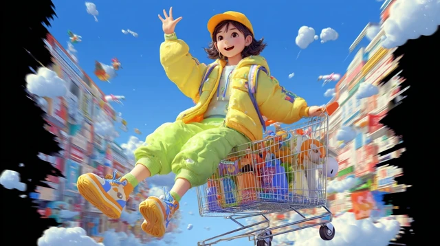 Girl Flying in Sky Shopping Cart Pixar Style