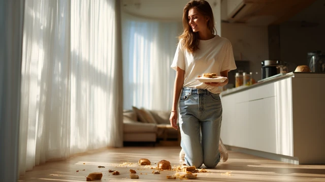 Young Woman with Sandwich in a Bright Kitchen