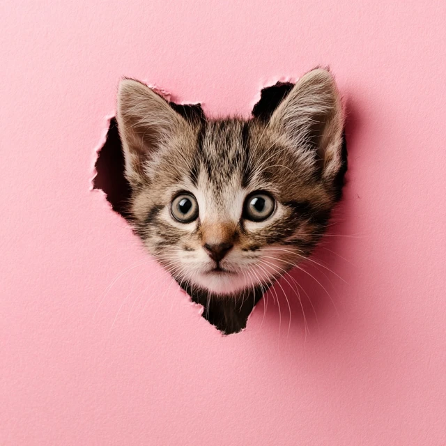 Adorable Kitten Peeking Through Heart Pink Background