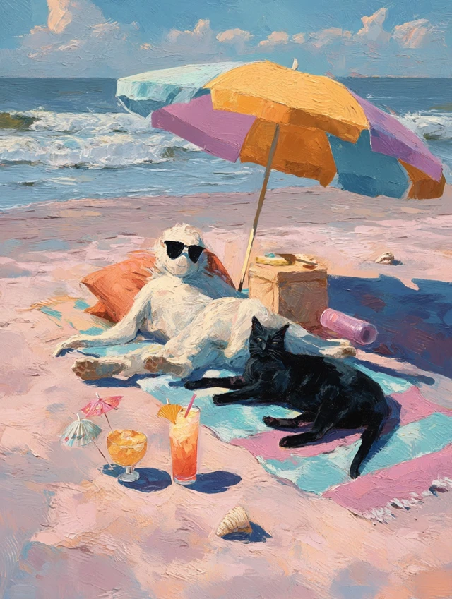 Ghost Cat Beach Day Dreamy Oil Painting