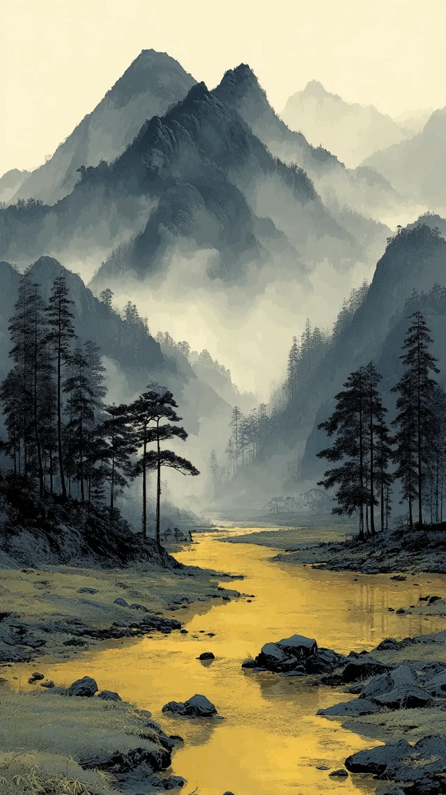 Chinese Ink Landscape Painting Black and Gold