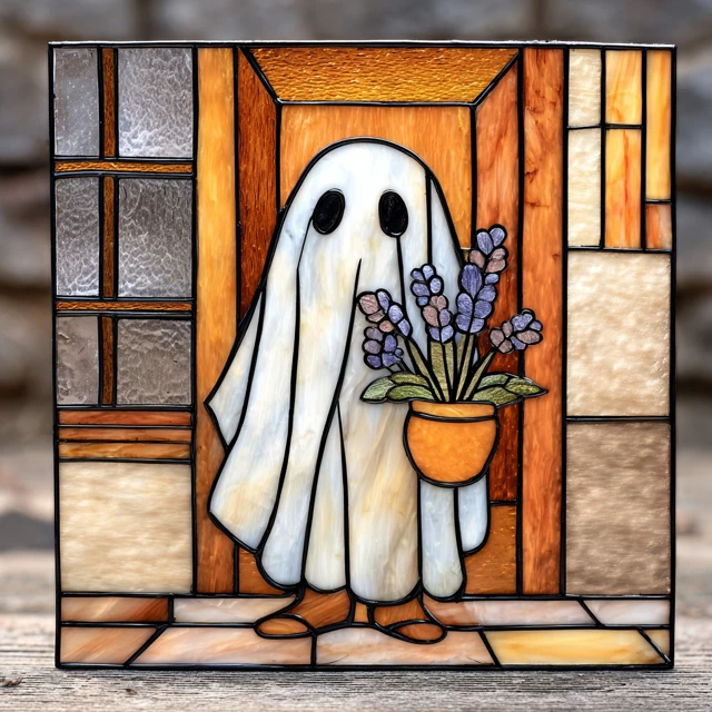 Stained Glass Ghost with Lavender A Cozy Halloween Artwork