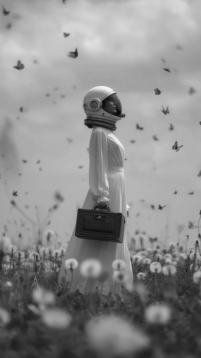 Astronaut in Field of Flowers Surreal Black and White Photo