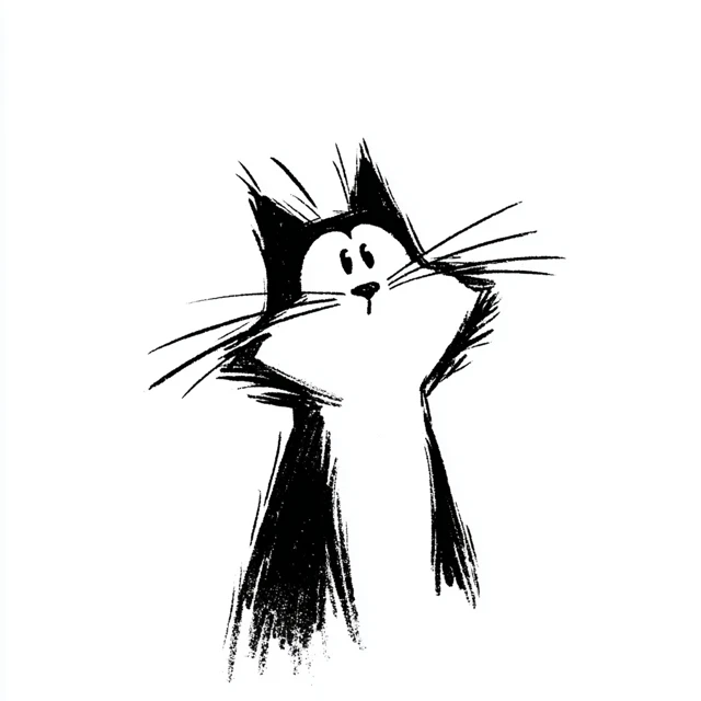 Cartoon Cat Simple Black and White Ink Drawing