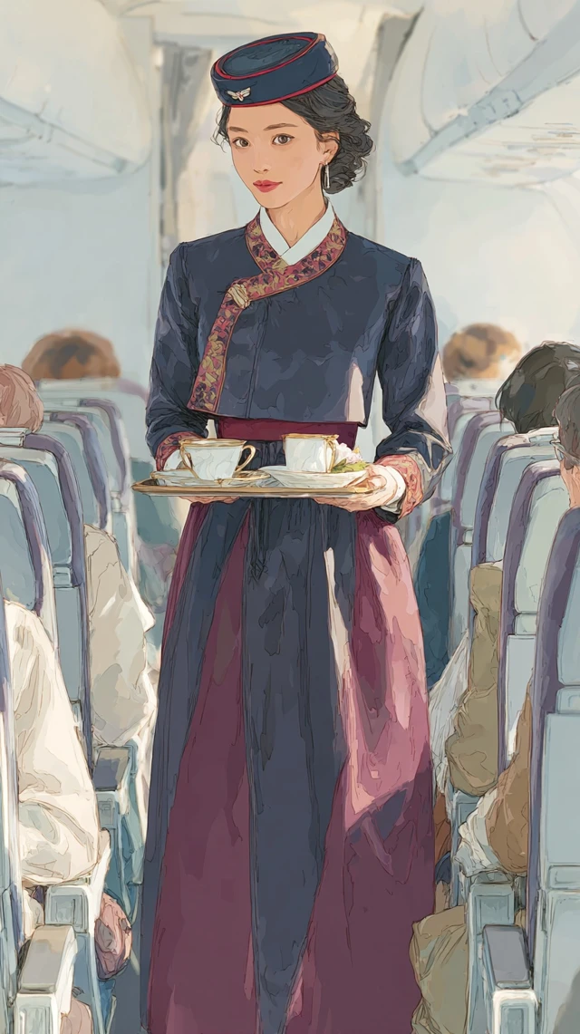 British Flight Attendant in Hanbok Uniform