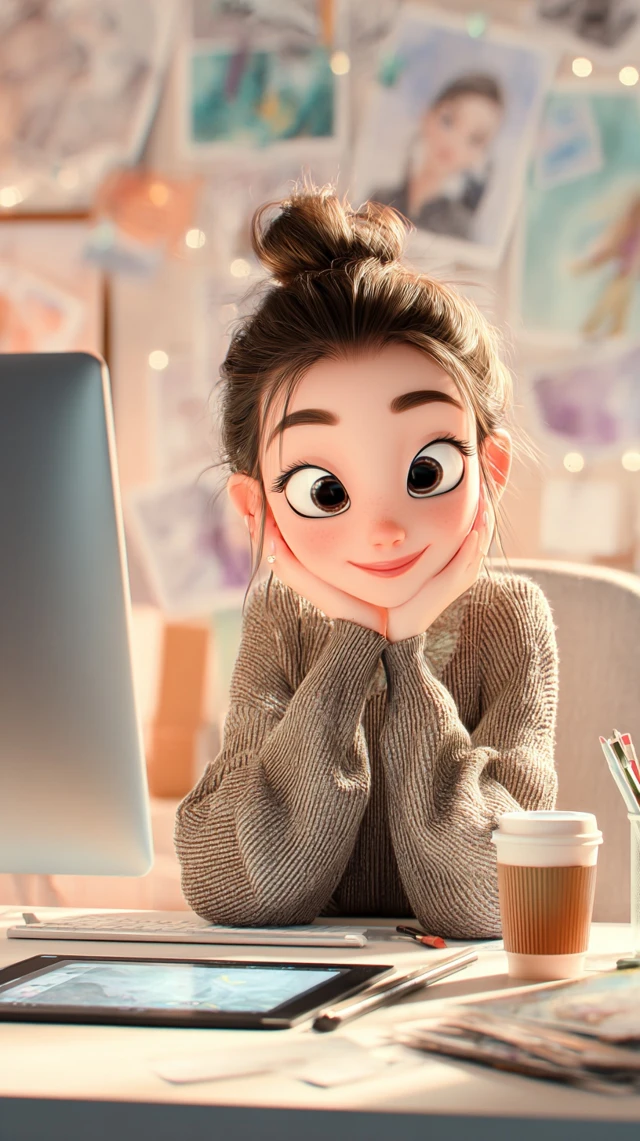 Cute 3D Cartoon Asian Girl Working Smiling At Desk