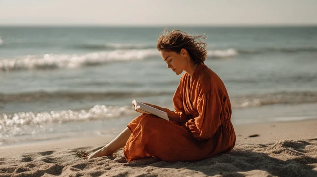 Woman Reading on Beach Serene Scene