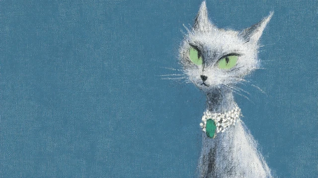 Glamorous Gray Cat with Emerald Eyes Vintage Illustration