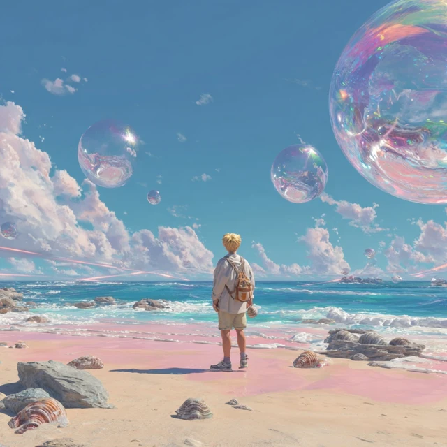 Dreamy Beach Scene Anime Boy Bubbles Rockets