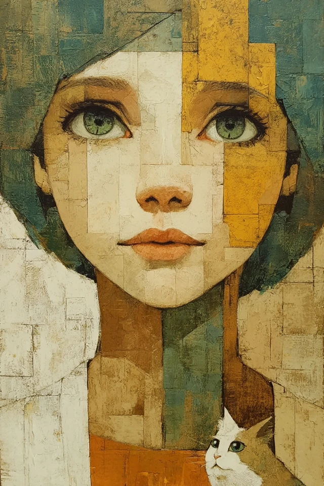 Art Deco Portrait: Child with Cat