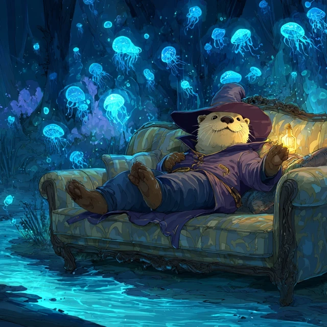 Anime Otter Mage Relaxing in a Dreamlike Scene