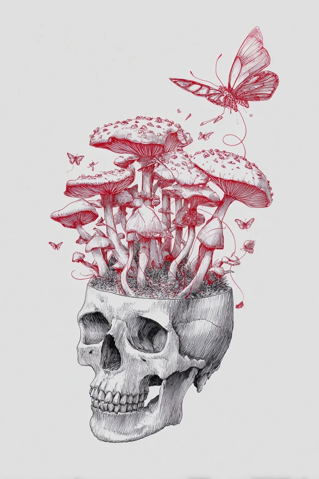 Skull with Mushrooms and Butterflies Tattoo Design