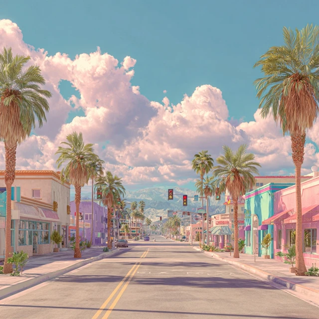 California Street Scene with Palm Trees and Colorful Buildings