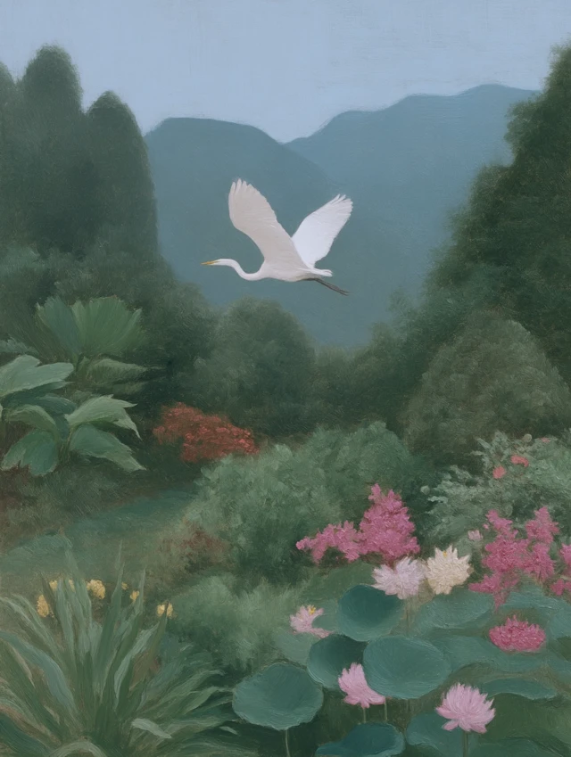 Chinese Landscape Painting: Crane, Mountains, and Lotus