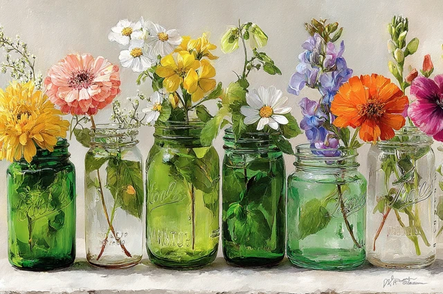 Mason Jars with Wildflowers Watercolor Painting