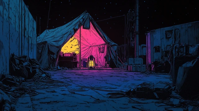 Cyberpunk Refugee Camp Tent Night Illustration