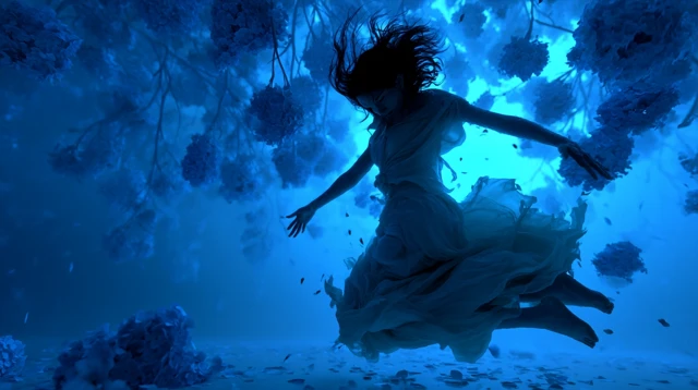 Woman in White Dress Eerie Hydrangeas Cinematic