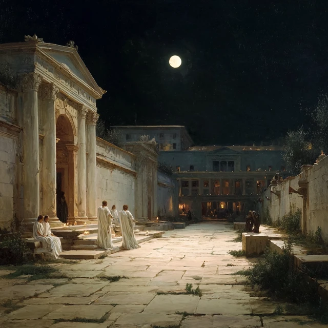 Augustus Under Moonlight Palace Courtyard Oil Painting