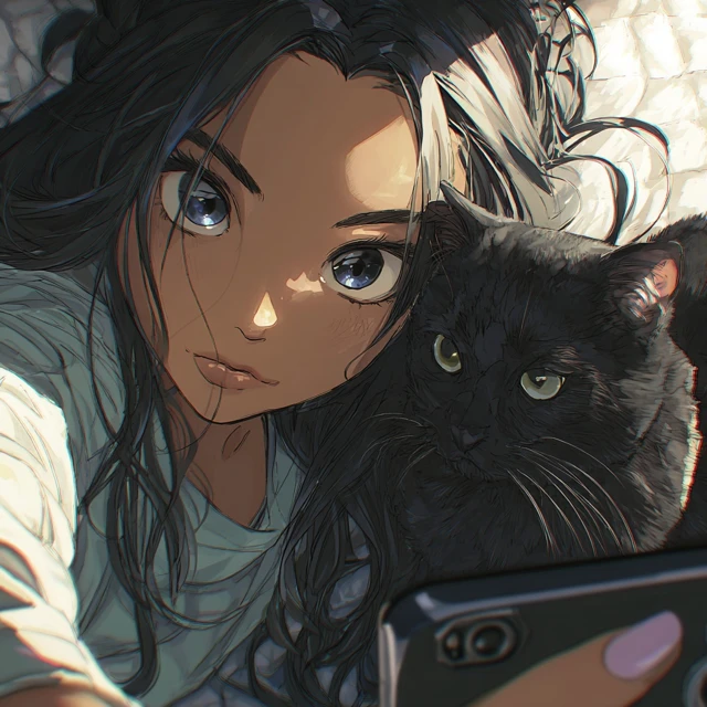 Anime Girl and Black Cat Selfie Illustration