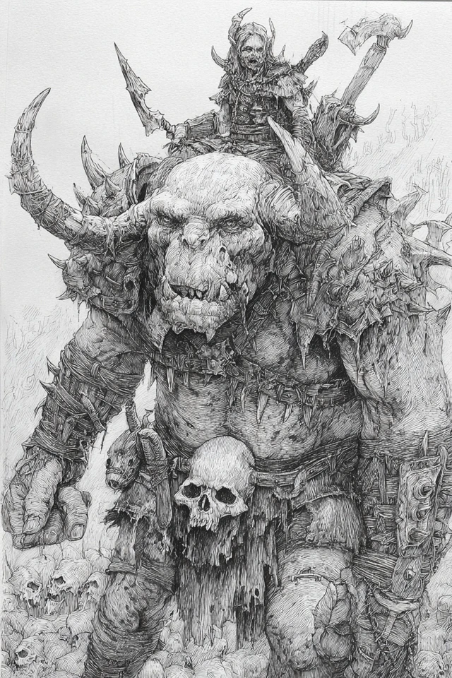 Ogre Battle Warhammer Style Pencil Pen Drawing
