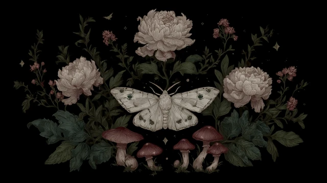 Moth and Flowers Fantasy Illustration Minimalist Style