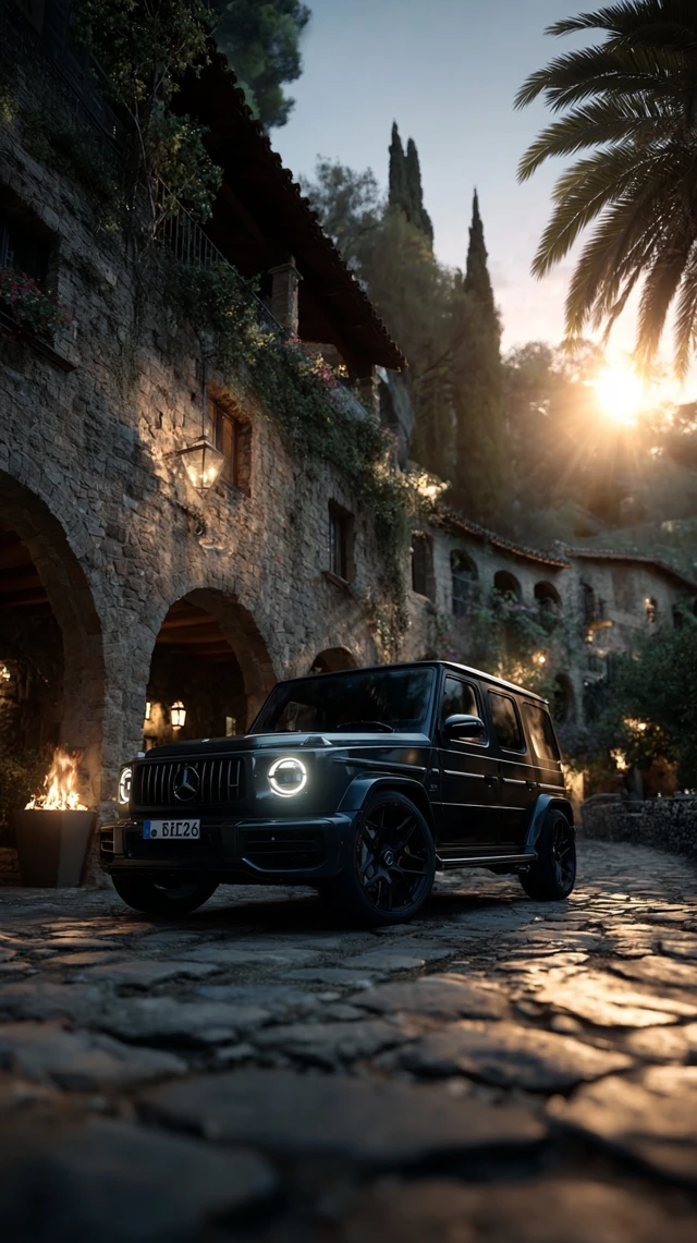 Mercedes Benz G Class Black SUV in City at Sunset