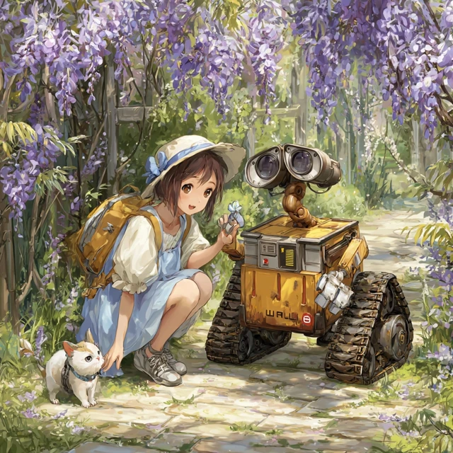 WallE and Chu in a Wisteria Anime Garden