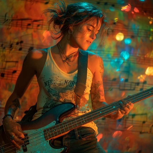 Female Bass Player Onstage with Psychedelic Lighting